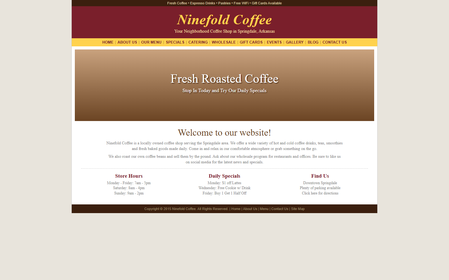 A typical small-business homepage for Ninefold Coffee: centered text, a crowded menu and a "Welcome to our website!" headline