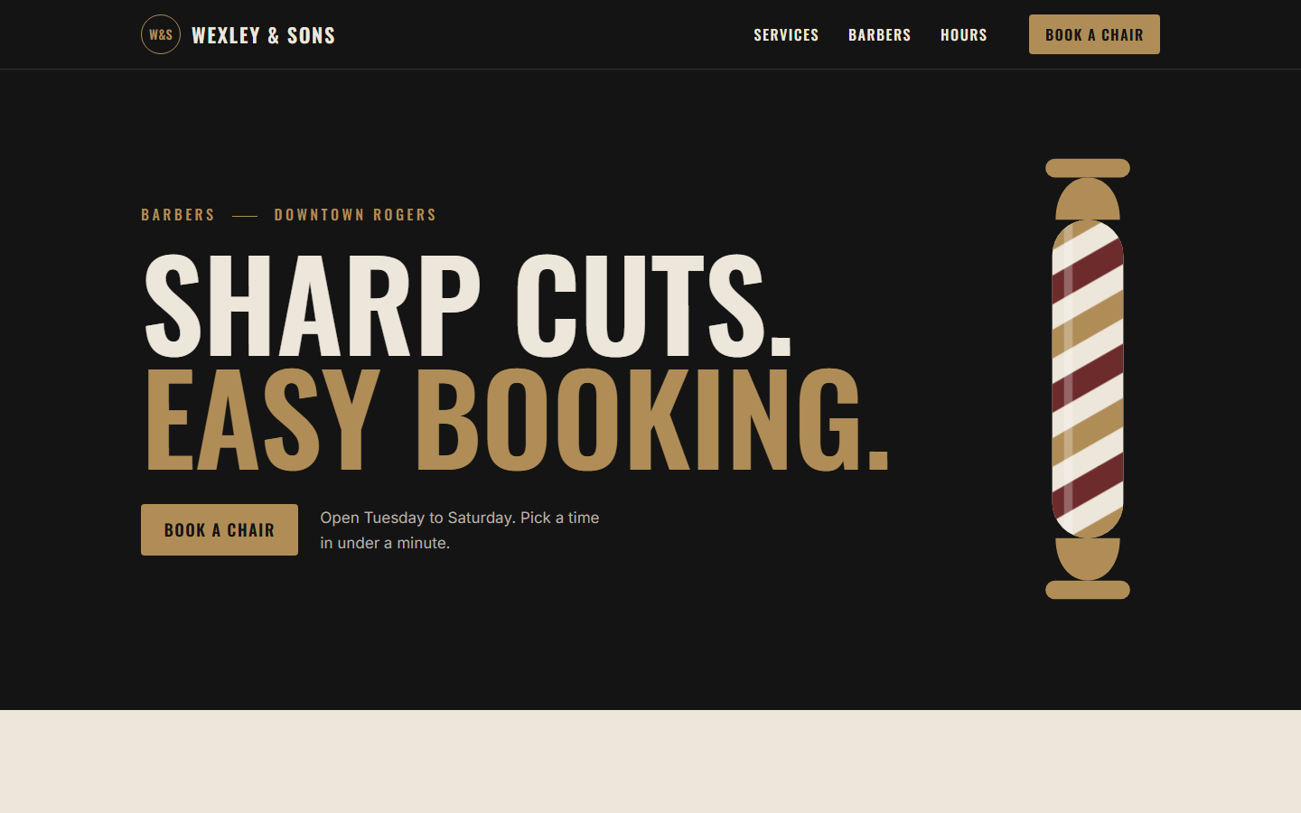 The JNVSTS concept homepage for Wexley & Sons Barbers