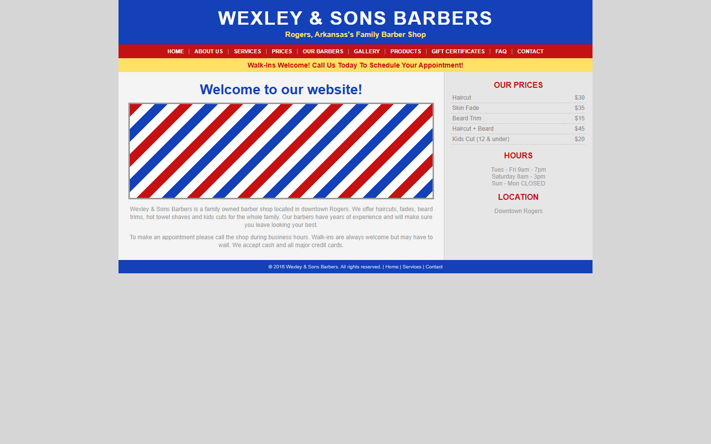 A typical small-business homepage for Wexley & Sons Barbers: centered text, a crowded menu and a "Welcome to our website!" headline